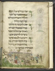 MS Add. 14762, fol. 15r, Utgangen og kryssingen av Rødehavet, fra «Den askenasiske Haggadah», ca. 1460