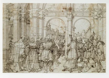 Historien om Lucretia (penn, svart blekk, gråtonet papir)