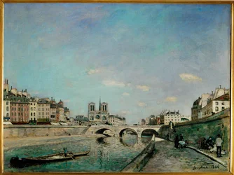 Seinen og Notre-Dame de Paris, sett fra Quai des Grands Augustins med Saint-Michel-broen (maleri på lerret)