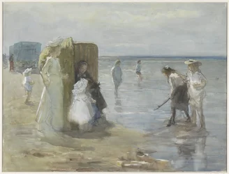 Utsikt langs høyvannslinjen ved Scheveningen-stranden, med to damer og barn