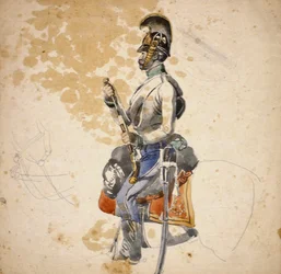 En trooper fra 5th Dragon Regiment vist mens han lader opp hestepistolen sin, 1840-1850 (blyant og vannfarge)