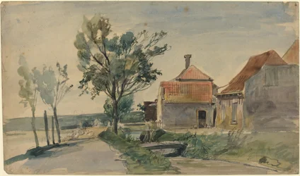 En bekk som renner mellom hus og en vei