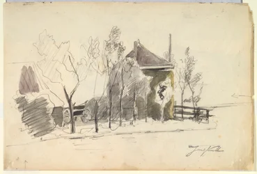 Haywagon in a Farmyard (recto); Utsikt over en gård (verso)