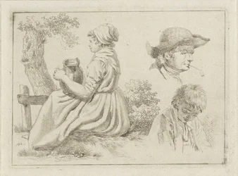 Sittende kvinne med en mugge, portrett av en mann med pipe og en gutt