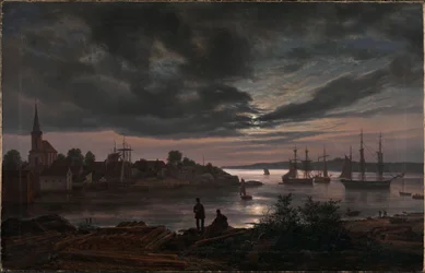 Norwegian:  Larvik havn i måneskinn  Larvik by Moonlight