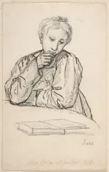 Portrett av Eline Marie Heger som barn, lent mot et bord, mens hun ser på en bok