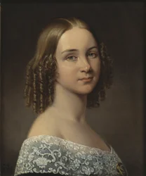 Jenny (Johanna Maria) Lind - Portrett av sopranen Jenny Lind (1820-1887), av Sandberg, Johan Gustaf (1782-1854). Olje på tre, etter 1844. Dimensjon : 24x19 cm. Nationalmuseum Stockholm