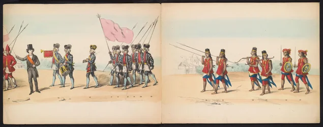 Maskerade av Delft-studentene, 1857 (plate 2) Kostymert prosesjon holdt av medlemmene av Delft studentkorps 5. mai 1857, som viser Garebeg-prosesjonen til sultanen av Djokjokarta og de mest karakteristiske typene fra N.