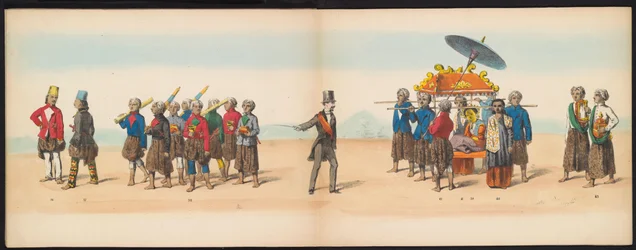 Masquerade of the Delft Students, 1857 (plate 5) Utkledd prosesjon holdt av medlemmene av Delft studentkorps den 5. mai 1857, som viser Garebeg-prosesjonen til sultanen av Djokjokarta og de mest karakteristiske typene fra Nederland.