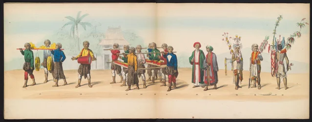 Mascarada studenților din Delft, 1857 (planșa 7) Procesiune costumată susținută de membrii corpului studențesc din Delft la 5 mai 1857, înfățișând procesiunea Garebeg a sultanului din Djokjokarta și cele mai caracteristice tipuri din regiunea norvegiană.
