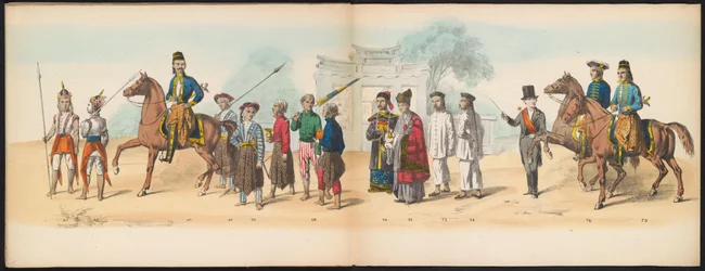 Masquerade of the Delft Students, 1857 (plate 8) Utkledd prosesjon holdt av medlemmene av Delft studentkorps den 5. mai 1857, som viser Garebeg-prosesjonen til sultanen av Djokjokarta og de mest karakteristiske typene fra Nederland.