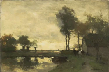 Landskap med gård ved innsjø