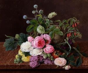 Moseroser, peoner og doble stokkroser med lilla commeliner. Maleri av Johan Laurentz Jensen (1800-1856) Privat samling.