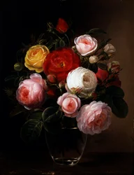 Stilleben av roser i en glassvase. Maleri av Johan Laurentz Jensen (1800-1856 dansk) Samling privat