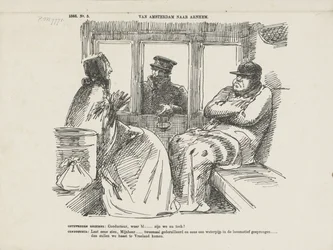 Tegneserie av de mange ulykkene på Rhijnspoorweg, 1866 Fra Amsterdam til Arnhem (tittel på objekt)