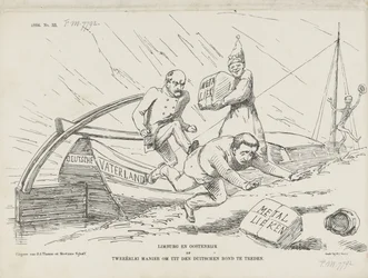 Spotprent over Bismarck en de Duitse Bond, 1866 Limburg en Oostenrijk of Tweeërlei manier om uit den Duitschen Bond te treden (title on object)   1358150   no       norwegian Successfully Translated  Original: Titelpagina voor De regten van den keizer Just