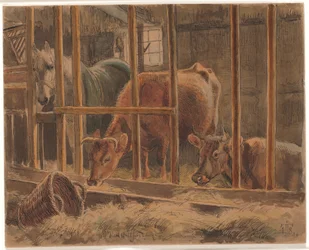 Interiøret i en stall med en hvit hest og to kyr