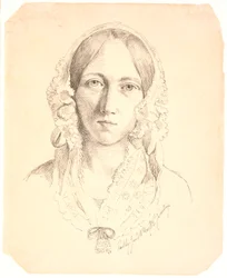 Portrett av en ung kvinne, ett ansikt. Representerer muligens Louise Marie Neergaard (1816-1895)