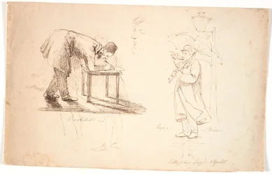 Studieblad, t.v. kunstneren selv blir sett, bøyd, og tegner på en krakk eller et lite bord. Tegnet over to studier av en offiser og en herre i kjole. I sentrum, studieleder, selvportrett. T.h. kunstneren står med en paraply på gaten ved en lampe og t