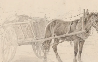 En vogn trukket av en brun hest nær en lampestang, Verso: En gruppe monterte offiserer, ca. 1815.