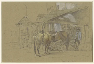 Okser og en hest ved hovslageren