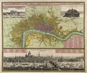 Kart og prospekt av London, ca. 1710 (håndfarget gravering)