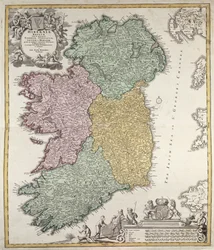 Kart over Irland som viser provinsene Ulster, Munster, Connaught og Leinster, av Johann B. Homann, ca. 1730