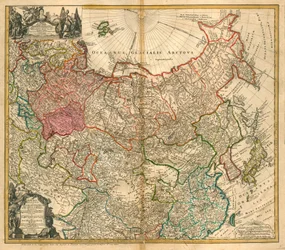 Kart over Russland (Fra: Kart over det russiske imperiet og Tartar til hele Lilleasia og Europa) - Homann, Johann Baptist (1663-1724) - 1738 - Kobberstikk, akvarell - Privat samling