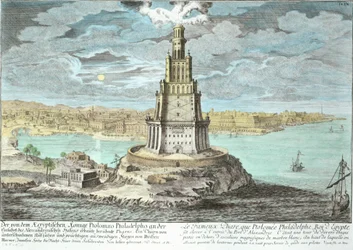 Fyr i Alexandria, bygget av Ptolemaios den store (36-etter 30 f.Kr.), Egypt, fra Entwurf einer historischen Architektur, gravert av Johann Adam Delsenbach (1687-1765) 1721 (senere farge