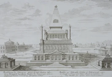 Mausoleum of Halicarnassus, Bodrum, Tyrkia, fra 'Outline of a Historical Architecture', 1721