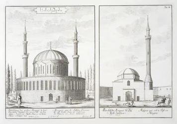 Utsikt over en moske i Bursa og en moske i Ungarn, fra "Blueprint of a Historic Architecture", 1721