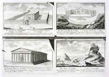 Utsikt over fire klassiske bygninger: Zeus-tempelet, Dionysos-teatret i Athen, Athena-tempelet i Athen og et tempel i Korint, fra Entwurf einer historischen Architektur,