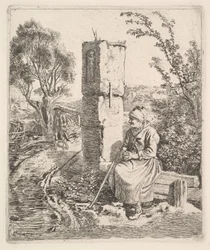 En gammel dame som sitter nær en søyle ved Side of Road, 1819.