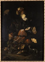 Blomster med sommerfugler og øgle (olje på eiketre)
