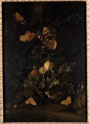 Blomster med sommerfugler og padde (olje på eiketre)