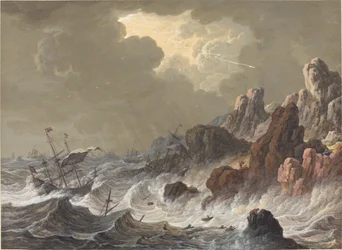 Storm-kastede skip vraket på en steinete kyst.