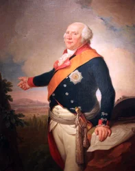 Portrett av kong Fredrik Vilhelm II av Preussen (1744–1797) med en stjerne av den prøyssiske ordenen av Svarteørnen, venstre hånd hvilende på et kart over Frankfurt, et landskap med den prøyssiske hæren leiret utenfor Frankfurt