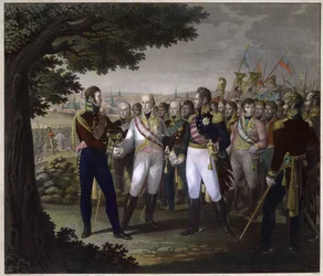Den russiske tsaren Alexander I (1777-1825), den østerrikske keiseren Francois I (1768-1835) og den prøyssiske kong Frederic Guillaume (Frederic-Guillaume) III i Praha 18. mars 1813 - Møtet mellom keiserne Frans I av Østerrike, Alexander I av Russland og F