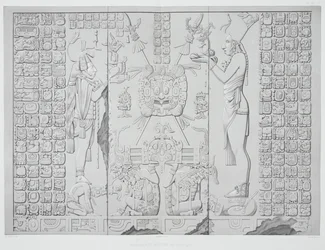 Relieff som viser en prest med tilbud fra Sanctuary of the Temple of the Sun, Palenque, platene 29 og 30 fra Ancient Monuments of Mexico, gravert av Werner, 1866