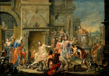 Roma Antique: "Manius Curius Dentatus (døde i 270 f.Kr.) nektet gavene til samnittene". Manius Curius Dentatus nekter Samnittenes bestikkelser - Olje på kobber av Johann Georg Platzer (1704-1761) - Statens kunstgalleri, Dresden