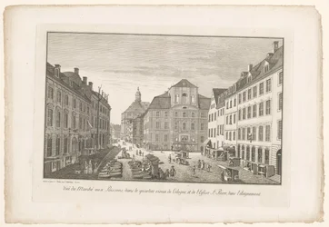 Utsikt over et fiskemarked i Köln med Sint-Petruskerk Utsikt over Marché aux Poissons, dans le quarter vieux de Cologne, et de l'Eglise St. Pierre, dans l'eloignement (tittel på objekt)