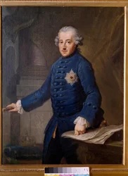 Portrett av Fredrik II av Preussen (1712-1786). Kongen av Preussen, Fredrik II, kalt Fredrik den store, var en opplyst despot som forsvarte opplysningstidens idealer. Maleri av Johan Ziesenis (1716-1776). 1769. Frankfurt. Historisk museum