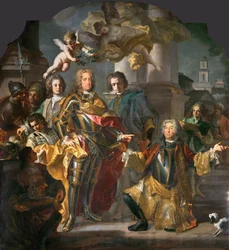 Keiser Charles VI (1685-1740) og grev Michael Johann von Althann (1679-1722) (Althann gir til Charles inventaret over maleriene i Stallburg i Wien) - Johann Gottfried Auerbach (1697-1753). Olje på lerret