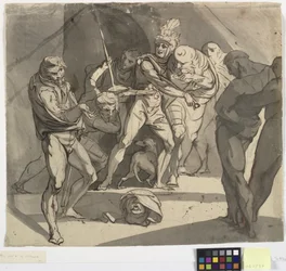 Richard Plantagenet kaster det avkuttede hodet til hertugen av Somerset for føttene til sin far. Illustrasjon for Shakespeares Henry VI, del 3, akt 1, linje 20