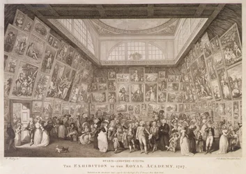 Interiørvisning av Somerset House som viser en utstilling av Royal Academy of Arts i 1787