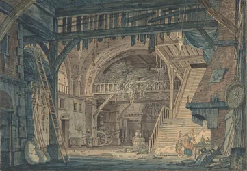 Scenedesign av en gammel romersk ruin som ble omgjort til en låve, sent på 1700- og midten av 1800-tallet.