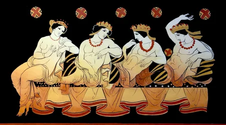 En kvinnelig prostituert underholder tre menn under en fest ca. 1796 (Kobberplategravering)