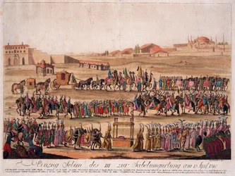 Sultan Selim IIIs (1761-1808) inntog i Sabelen 13. april 1789 - Loeschenkohl, Johann Hieronymus (1753-1807) - 1789 - Etsning, akvarell - 38,6x50,2 - Privat samling
