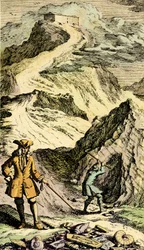 Paleontologi: Den sveitsiske naturforskeren Johann Jakob Scheuchzer (1672-1733) oppdaget i de sveitsiske fjellene sporene etter verdensflommen takket være fossiler. Gravering fra “Museum Diluvianum””
