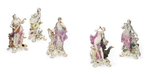 Fem Meissen-figurer som symboler på sansene, ca. 1765